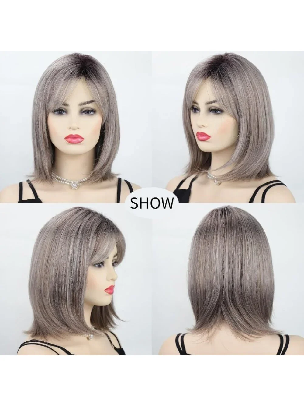 Women's Grey 12 Inch Mid Length Heat Synthetic Straight Layered Bob Wigs